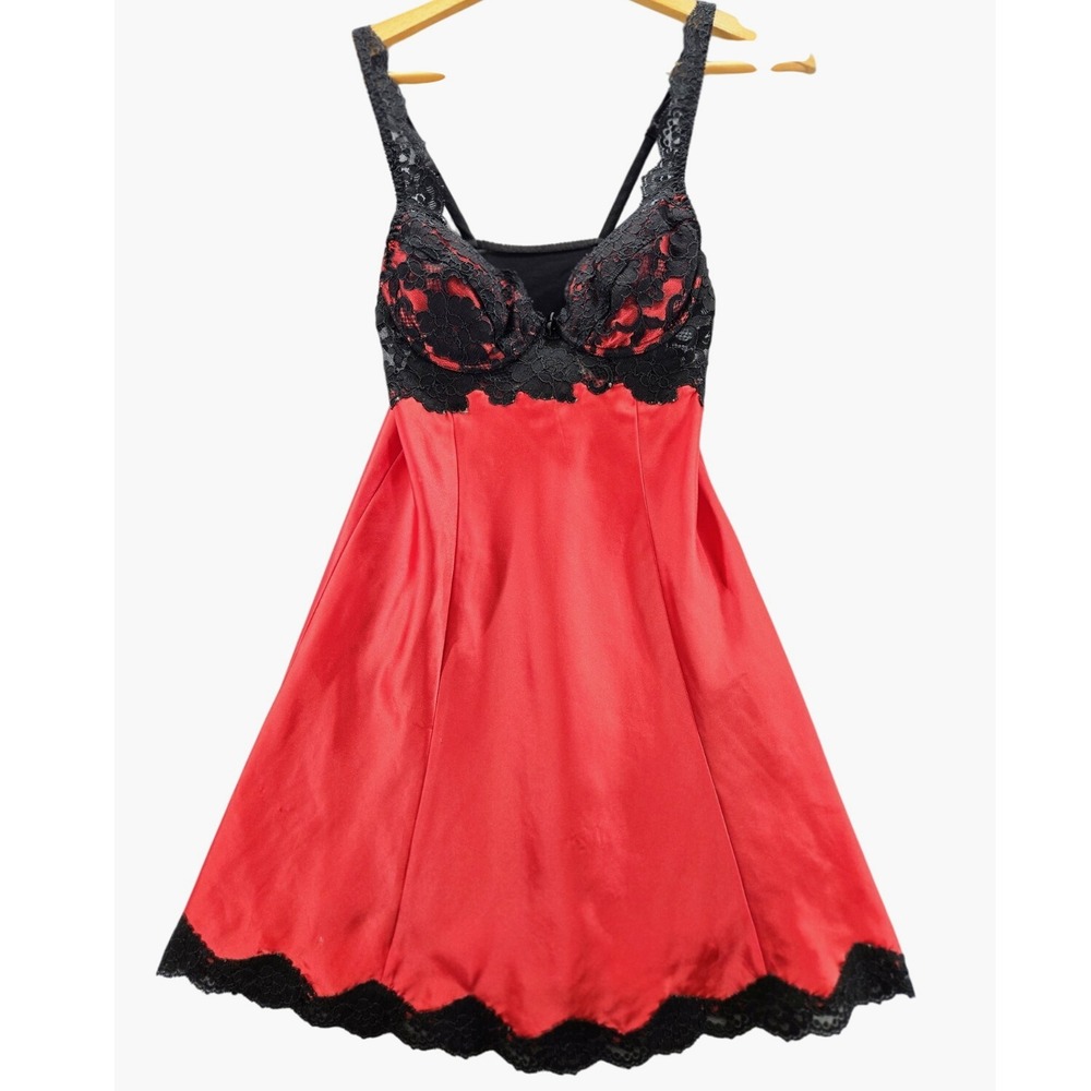 Vintage 90's Victoria's Secret Lingerie Red Satin Black Lace Chemise Slip Sz XS